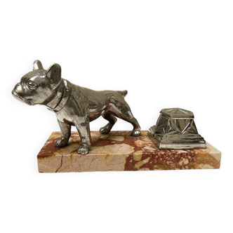 Old bulldog inkwell in metal & marble