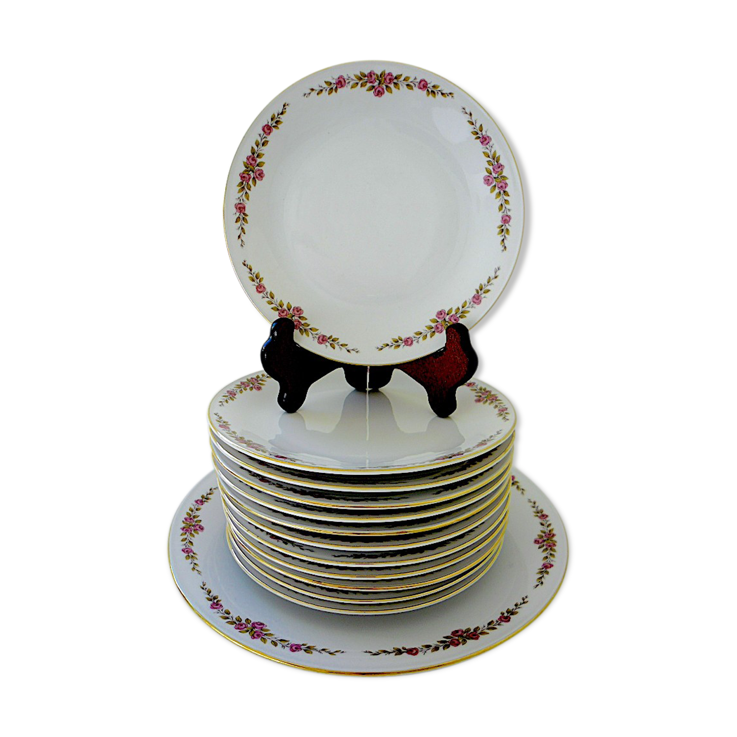 Bavarian porcelain dessert service with floral decoration. Around 1960.