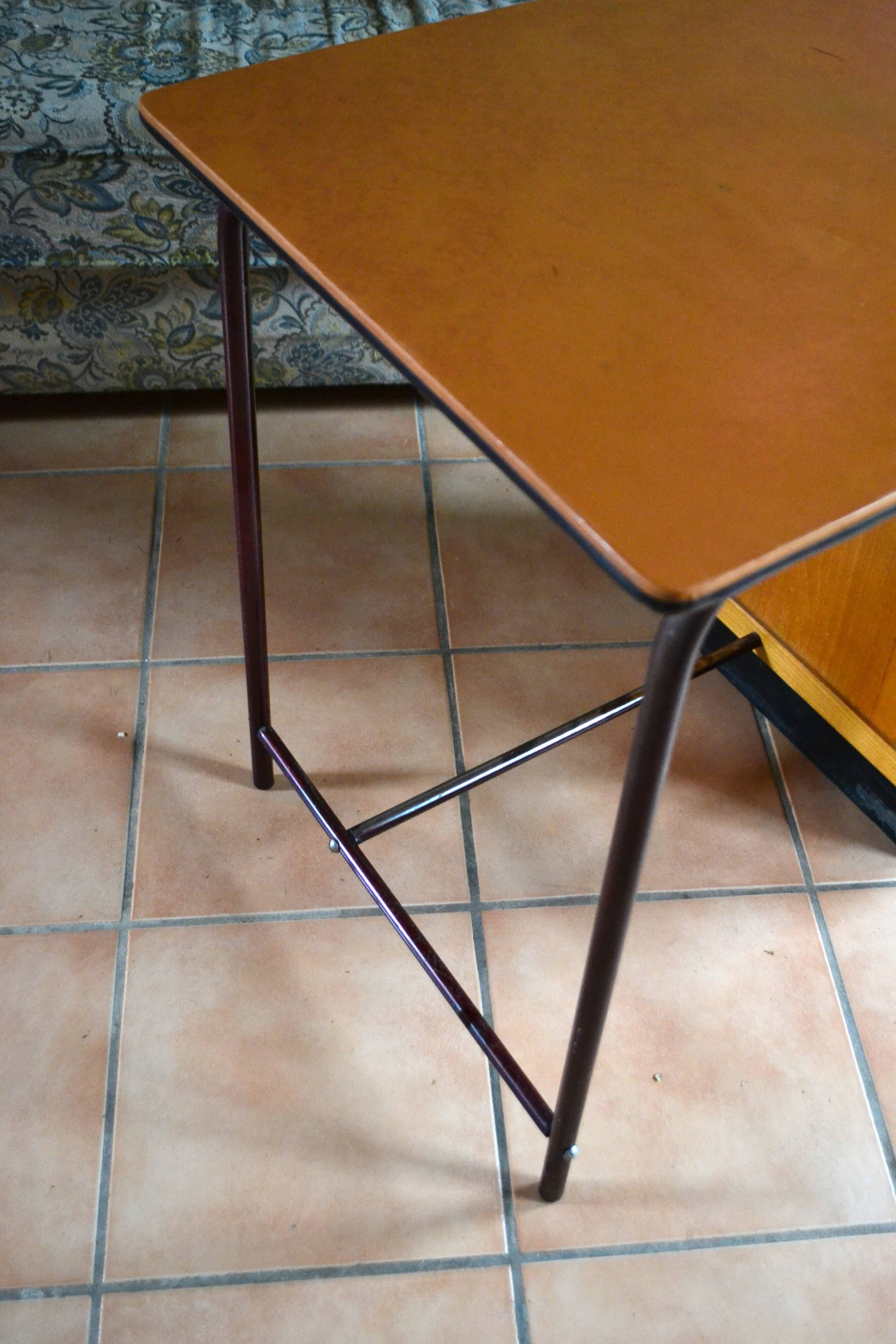 Beech desk with orange faux leather, 3 drawers, 1960s-70s.