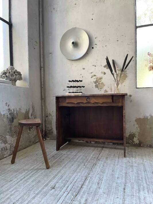 Brutalist desk in elm, signed Aranjou.