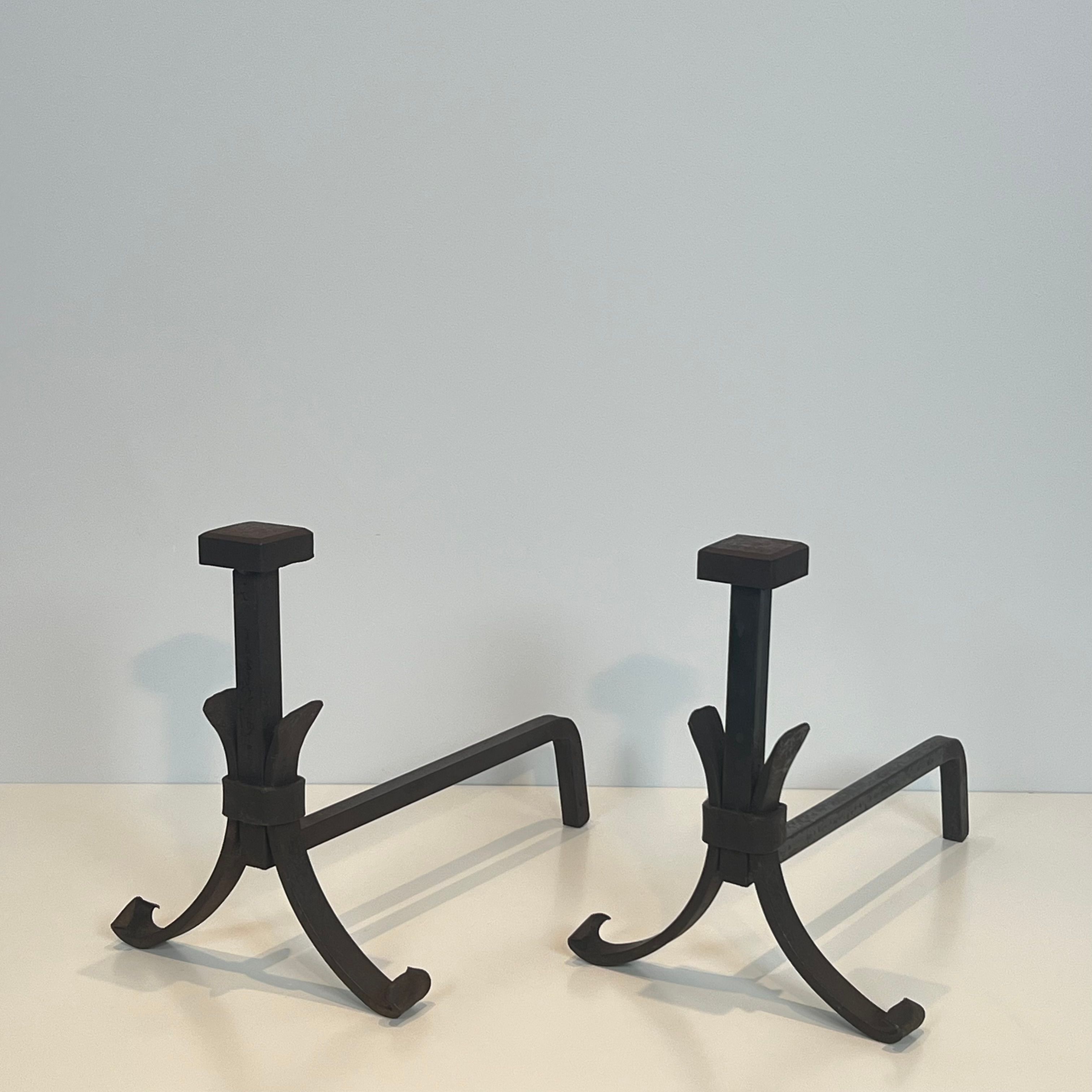 Pair of modernist wrought iron fire dogs