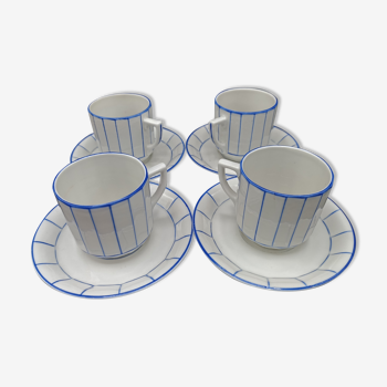 4 cups with Art Deco saucers - Blue and White