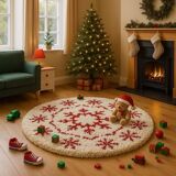 Handmade Moroccan Wool Snowflake Rug: Red & White Christmas Decor 200X200cm