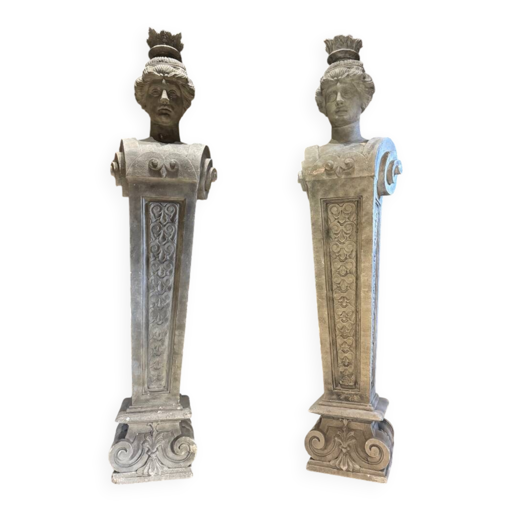 Pair of monumental patinated plaster terms from the early 20th century.