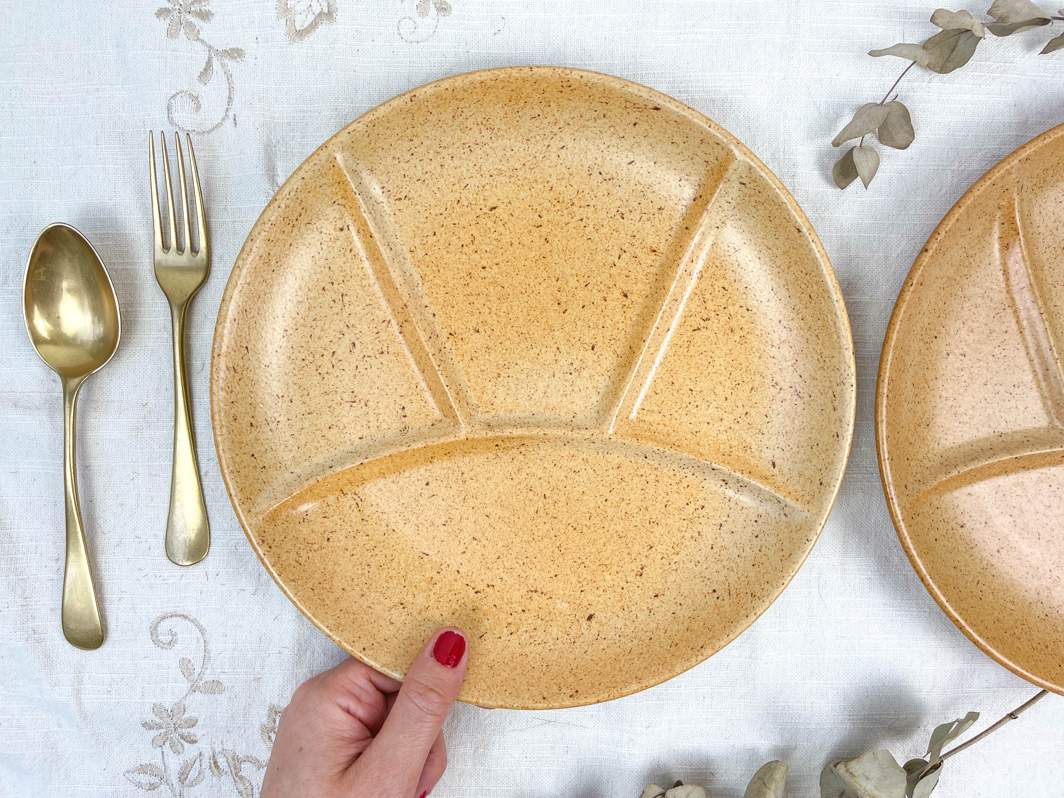 2 amber ceramic fondue plates made in france 1970