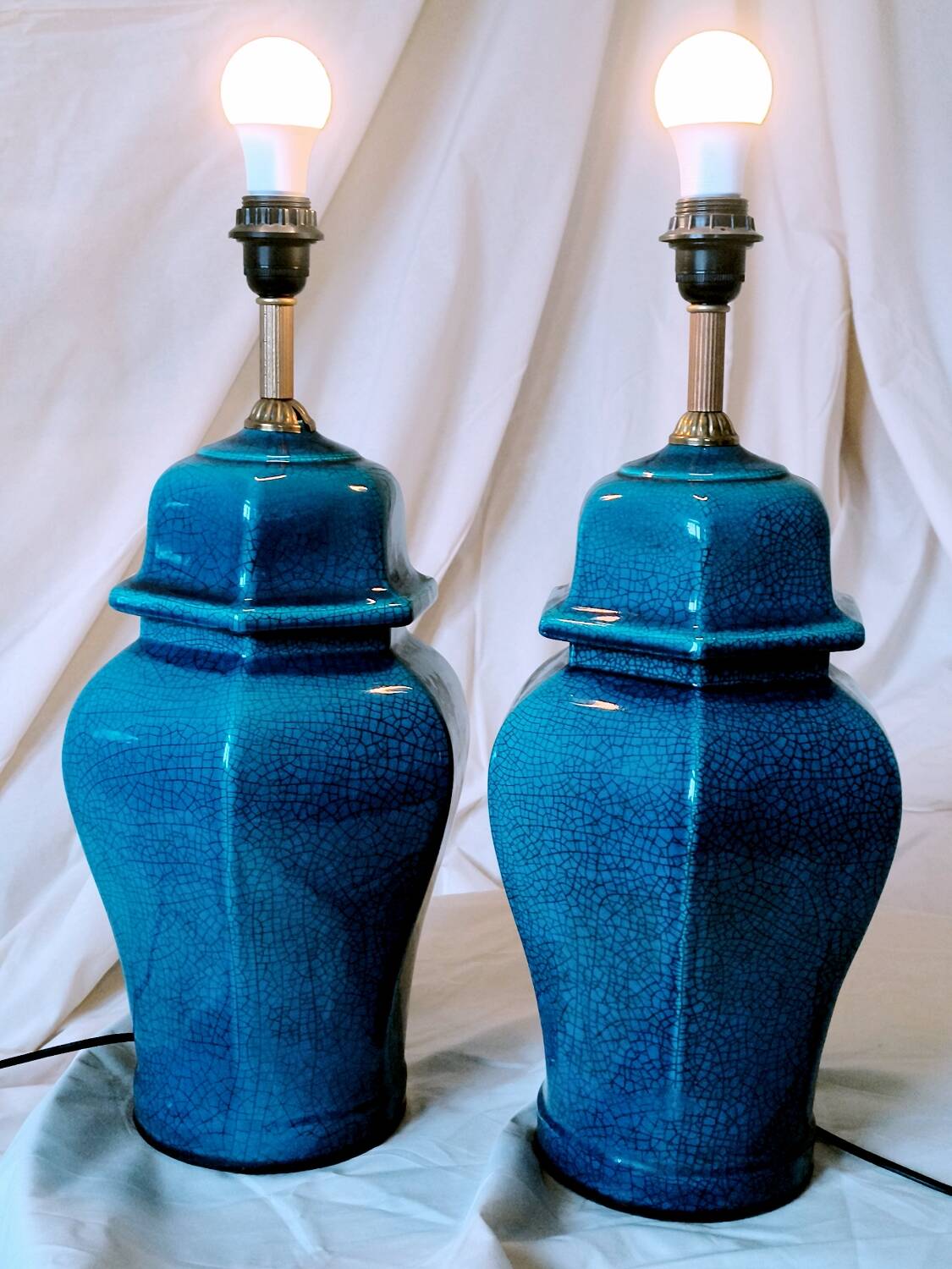 2 blue crackle ceramic desk lamp bases, 1950s