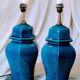 2 blue crackle ceramic desk lamp bases, 1950s