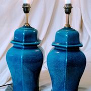 2 blue crackle ceramic desk lamp bases, 1950s