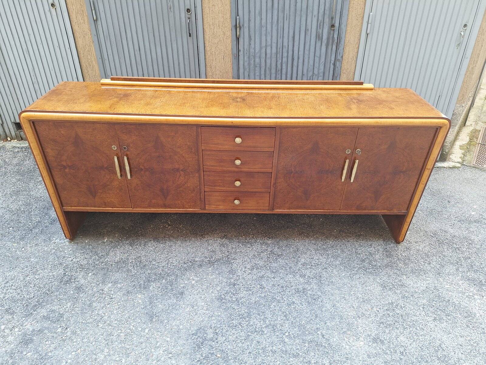 Vintage Sideboard in in Walnut Root and Maple Wood with Brass Details, 1940s