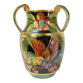 Large numbered VALLAURIS vase with handles Parrots & flowers decor - Height 26