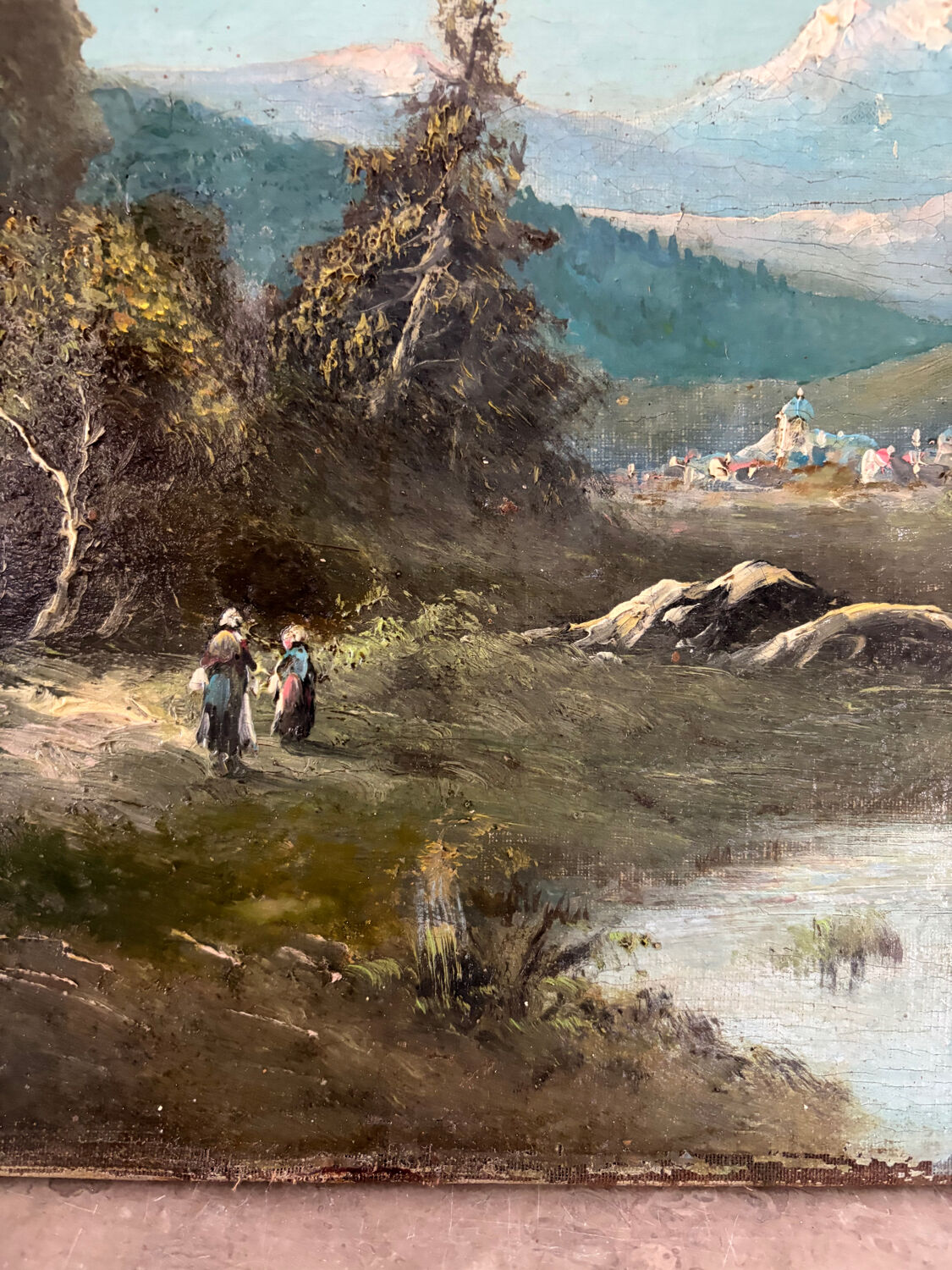 Mountain landscape stroll, oil on canvas signed Rollet.