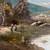 Mountain landscape stroll, oil on canvas signed Rollet.