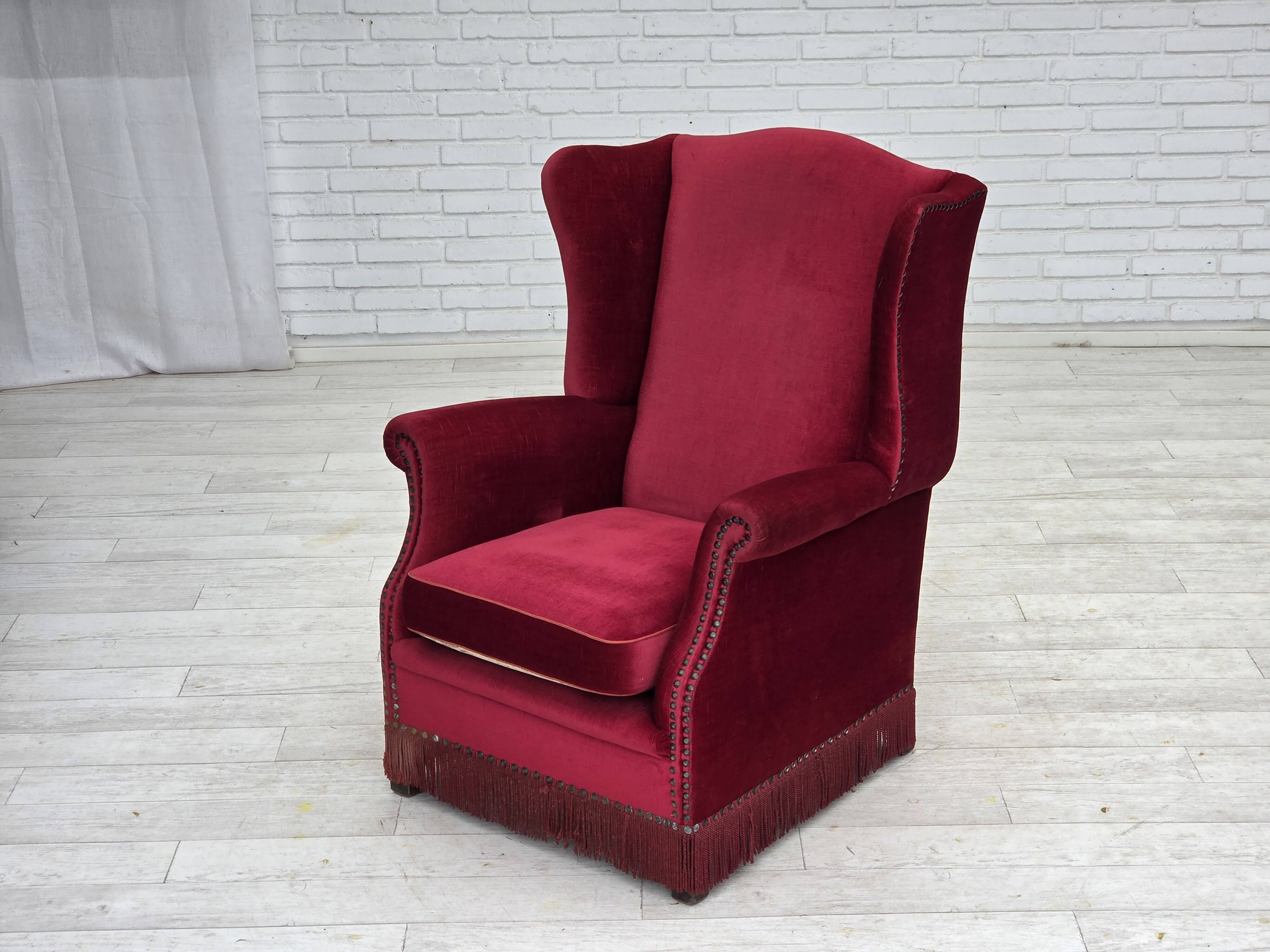 1970s, Danish highback armchair, red furniture velour, ash wood.