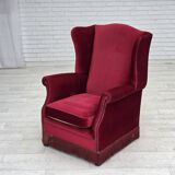 1970s, Danish highback armchair, red furniture velour, ash wood.