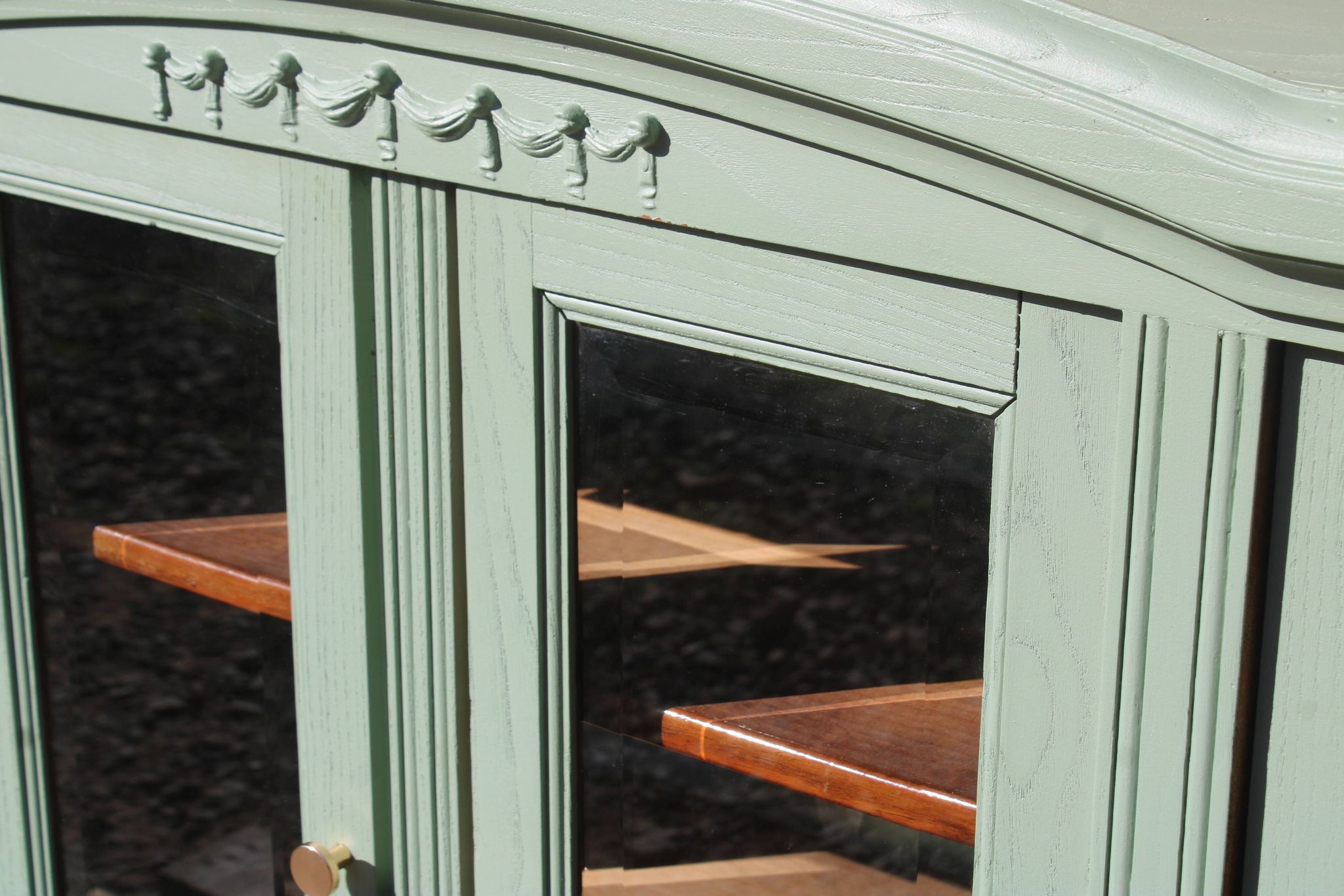 Renovated vintage sage green enfilade – wooden legs & bevelled display cabinets