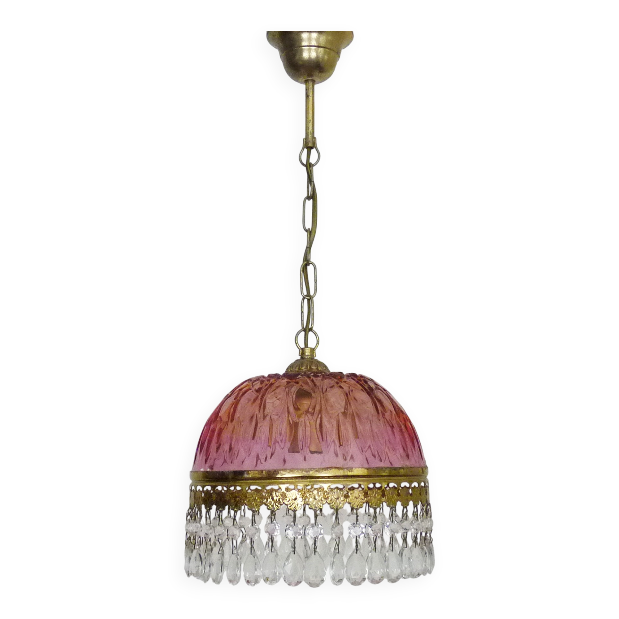 Vintage rose pendant light with pendants and patterned glass globe.