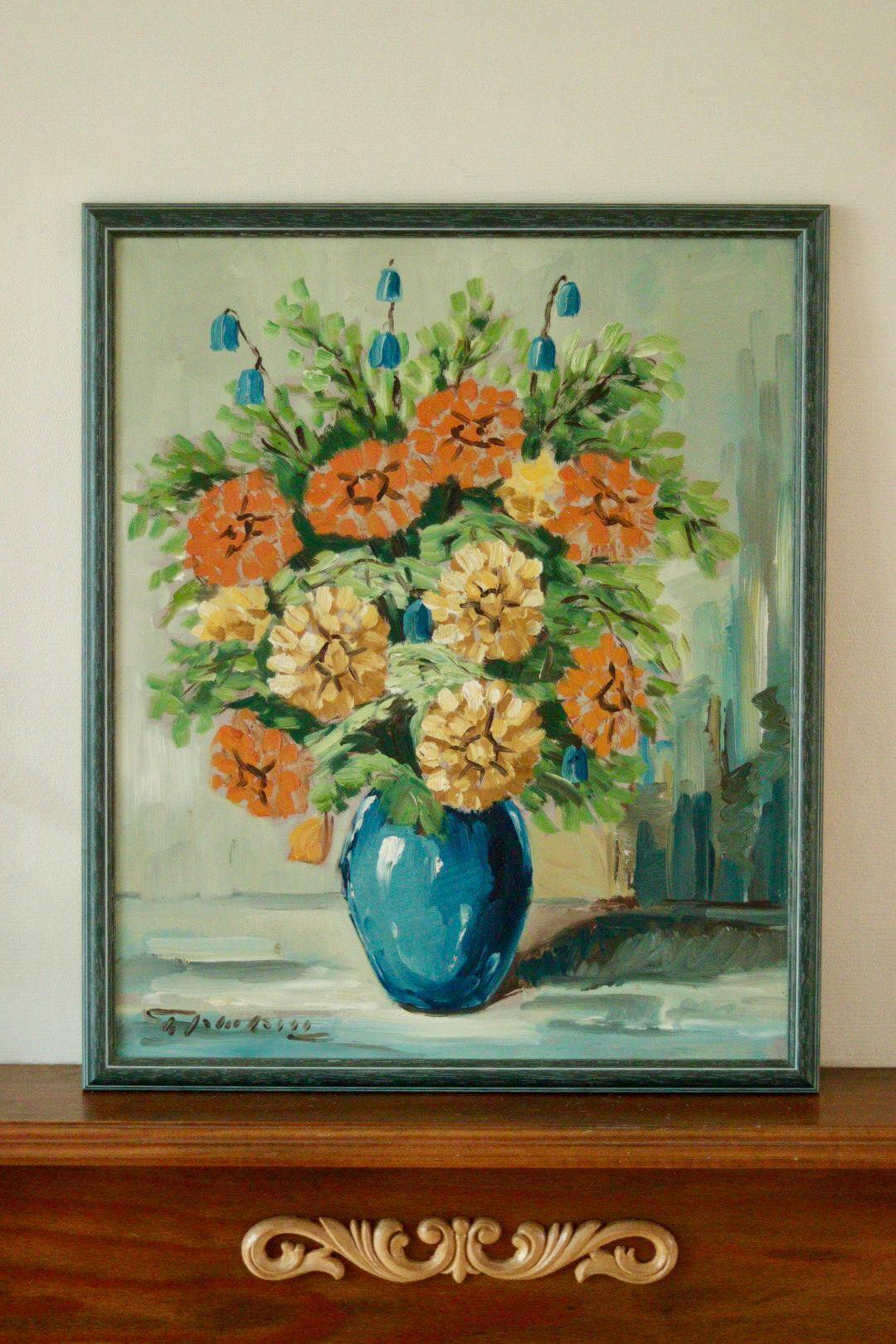 Original vintage oil on panel painting "Flowers in vase"