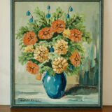 Original vintage oil on panel painting "Flowers in vase"