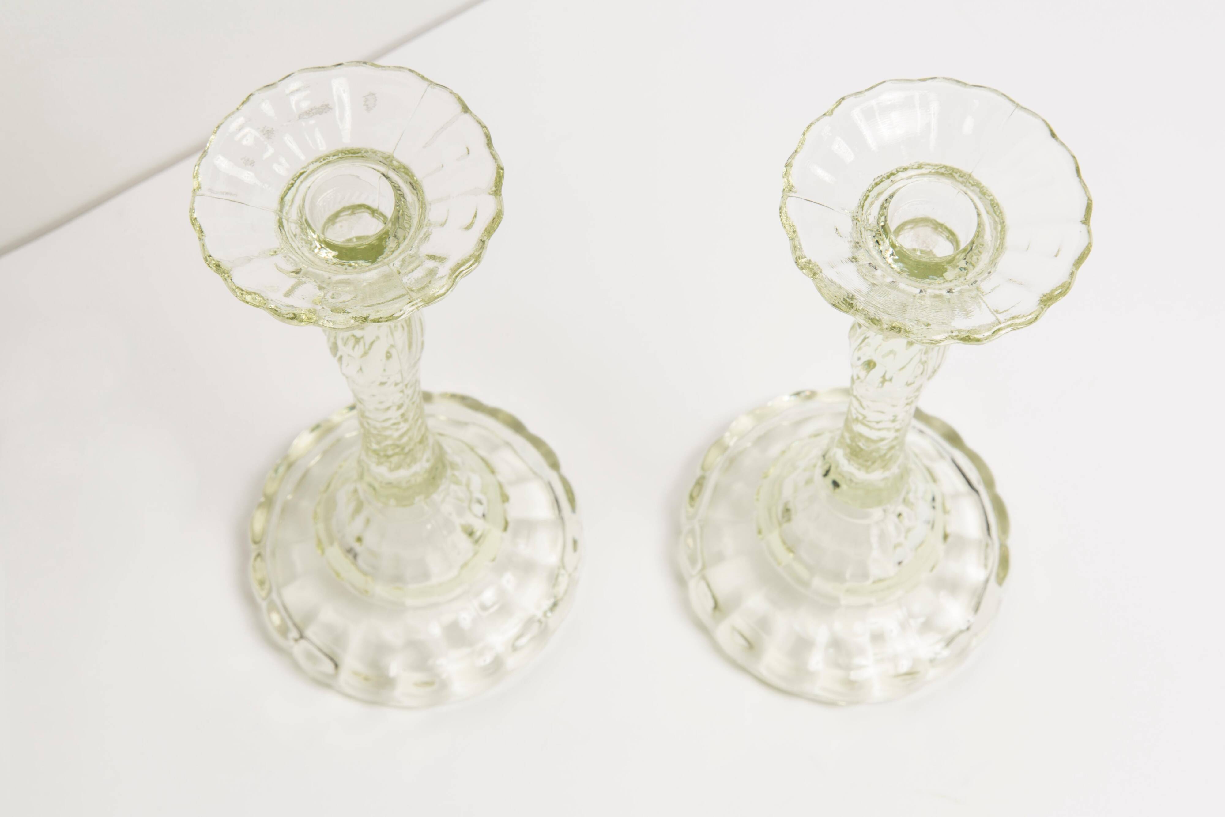 Set of two light green glass candlesticks from the mid-century, Europe, 1960s.