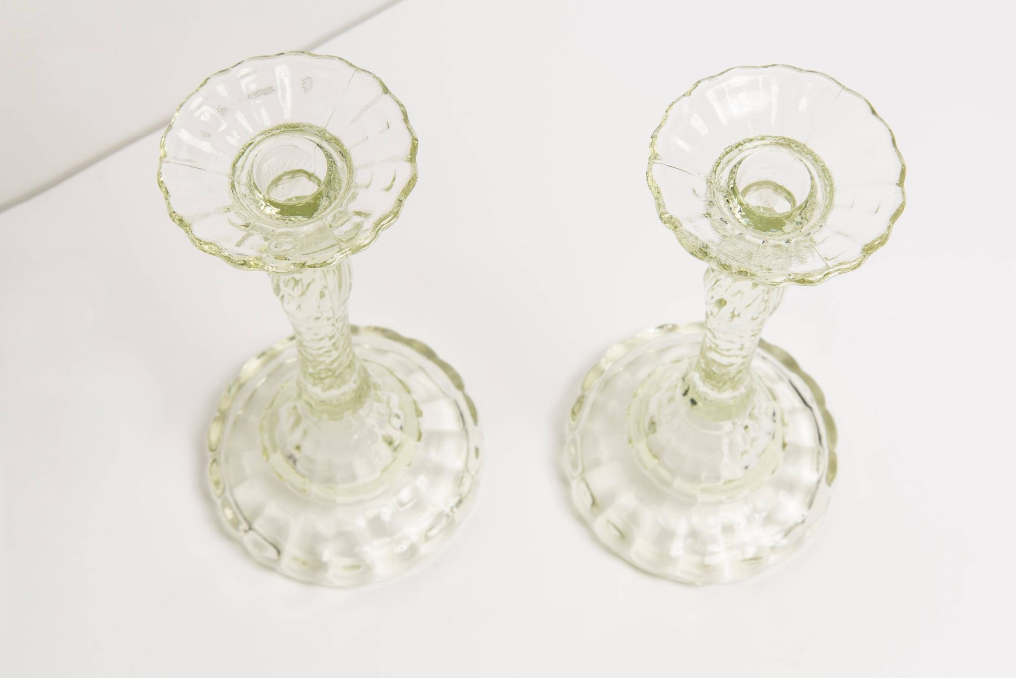Set of two light green glass candlesticks from the mid-century, Europe, 1960s.