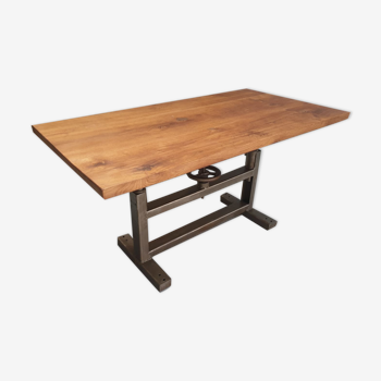 Industrial table oak on iron machine base