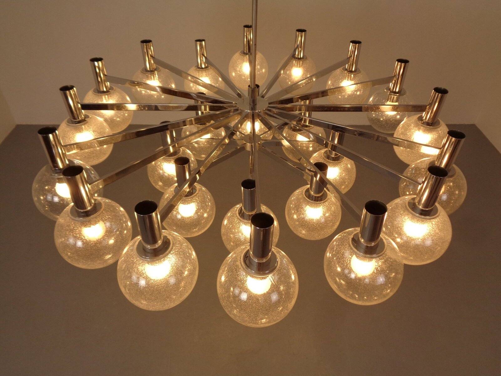 Large chromed spider Sputnik lamp with 24 hand-blown ice glass balls from Ott International, Germany, 1960s.