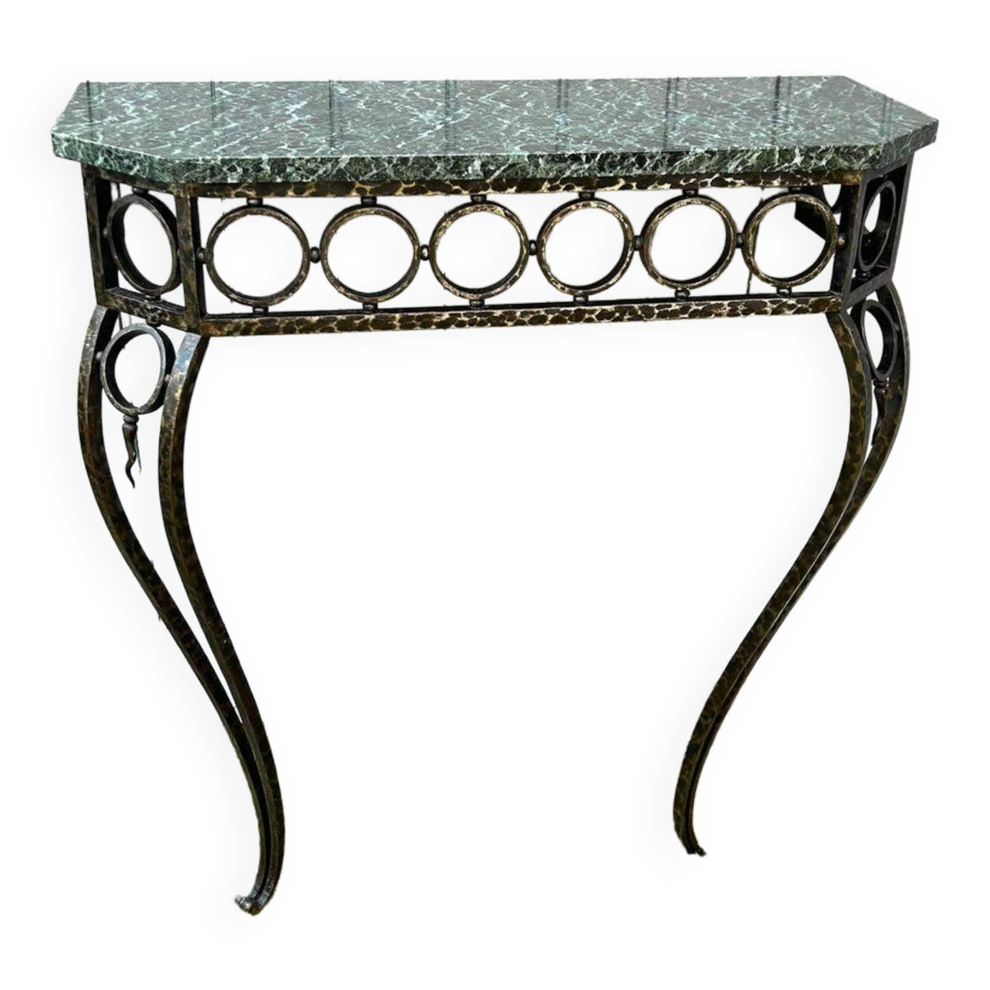 Console in wrought and hammered iron and green marble