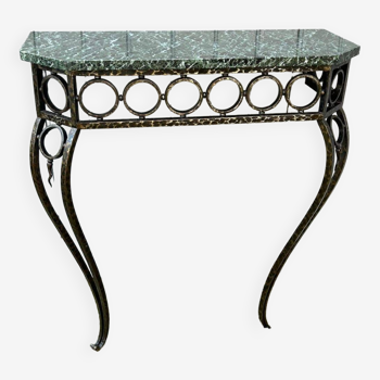 Console in wrought and hammered iron and green marble