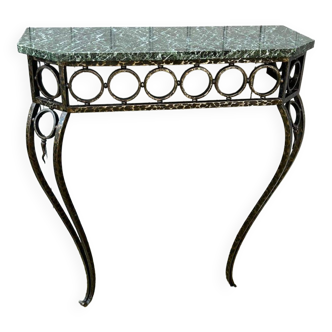 Console in wrought and hammered iron and green marble