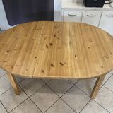 Round table 117cm extendable with a solid pine extension, vintage from the 1970s.
