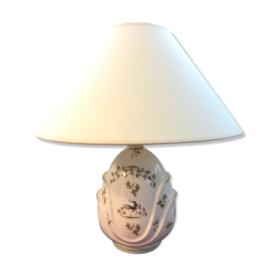 Ancienne lampe en céramique Moustiers et abat-jour blanc crème vintage