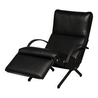 Italian Black Leather Adjustable P40 Relax Chair by Osvaldo Borsani Tecno.