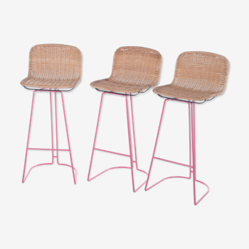 Italian set of 3 bar stools with cane and metal by Cidue, 1980s