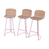 Italian set of 3 bar stools with cane and metal by Cidue, 1980s