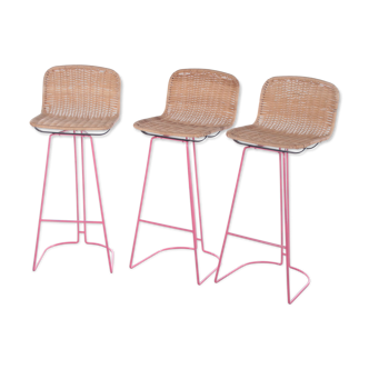 Italian set of 3 bar stools with cane and metal by Cidue, 1980s