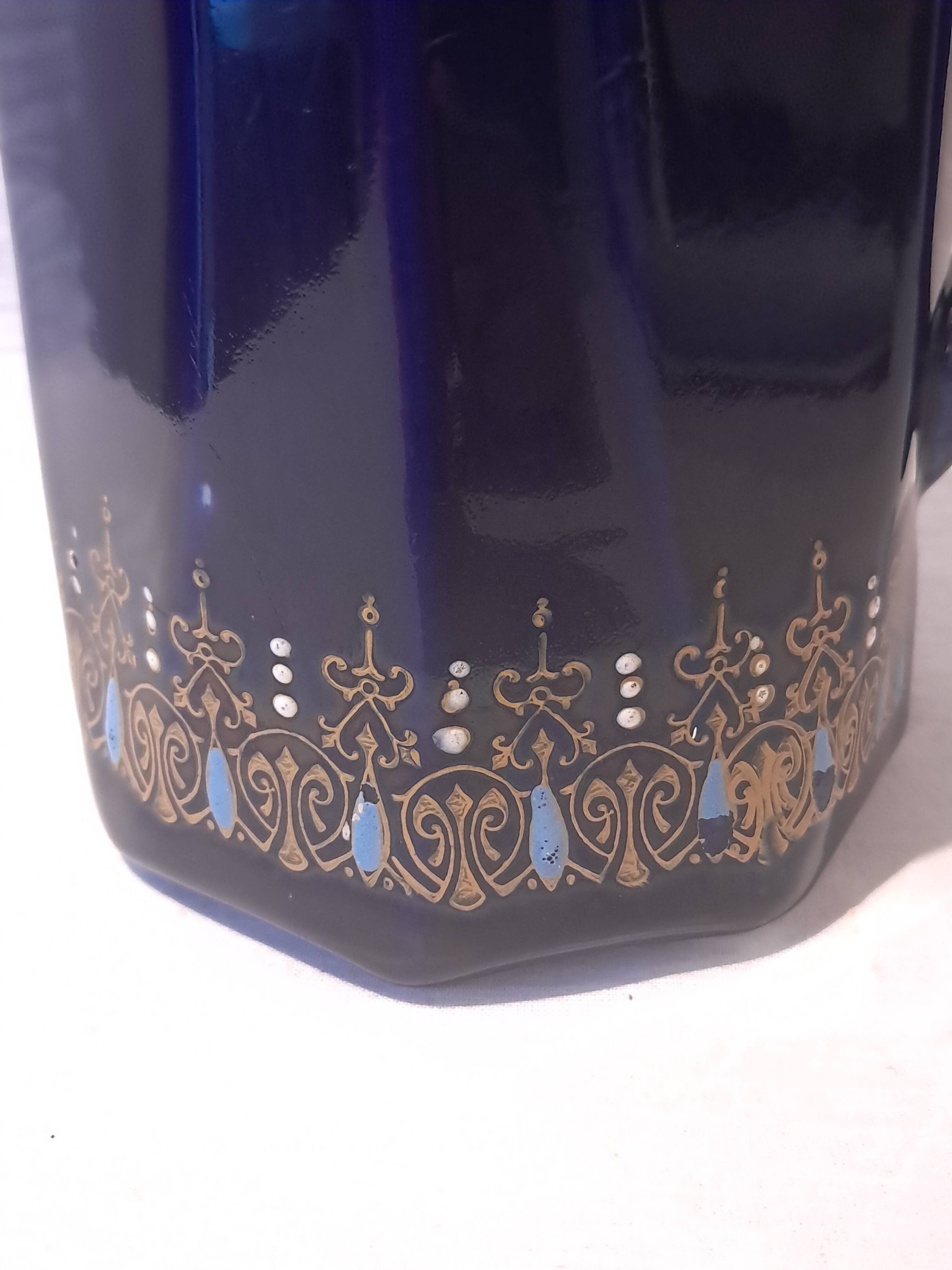 Antique Cobalt Blue Earthenware Jug With Enamelled Decor