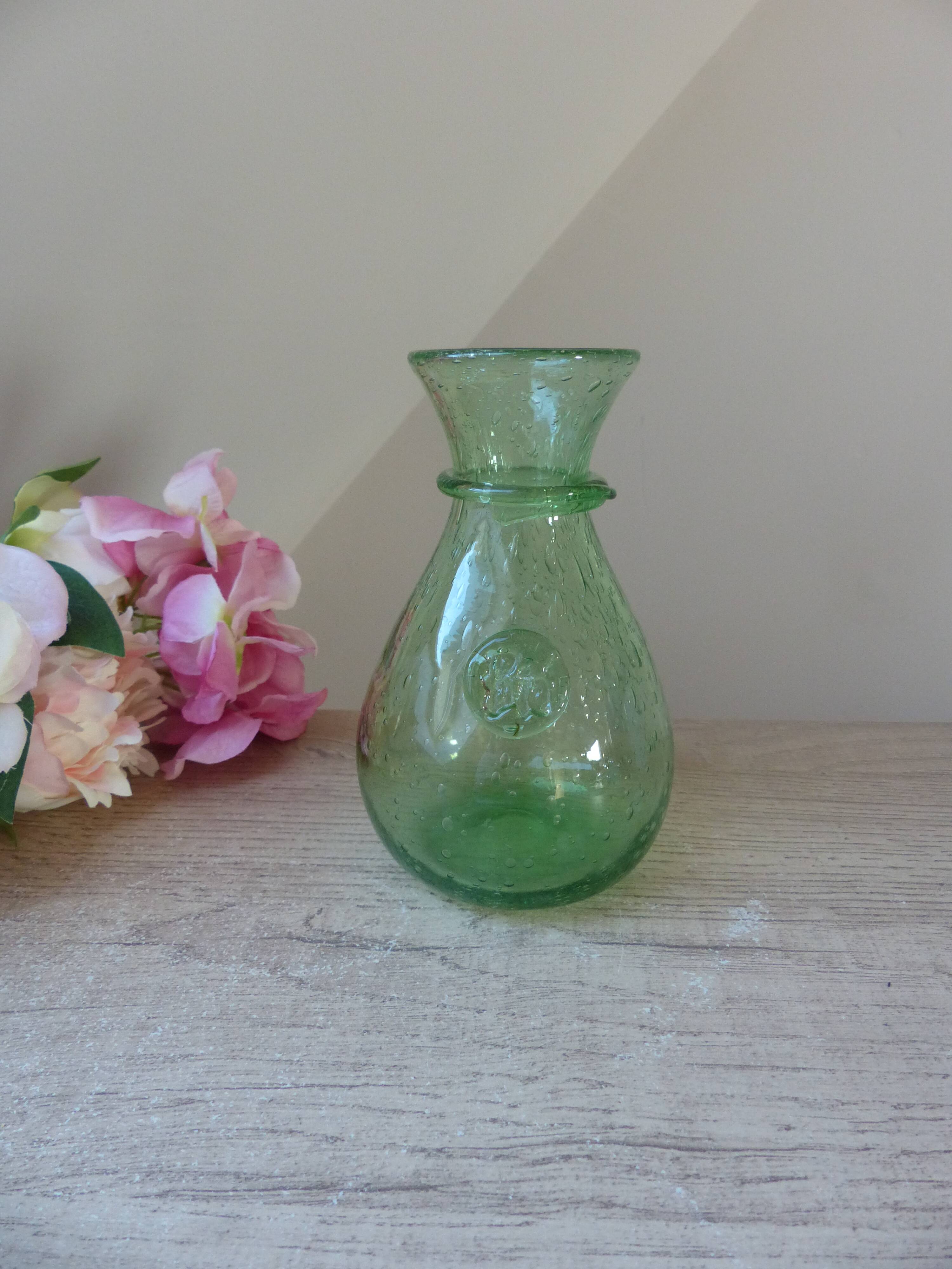 Small carafe in blown and bubble glass green color signed biot vintage