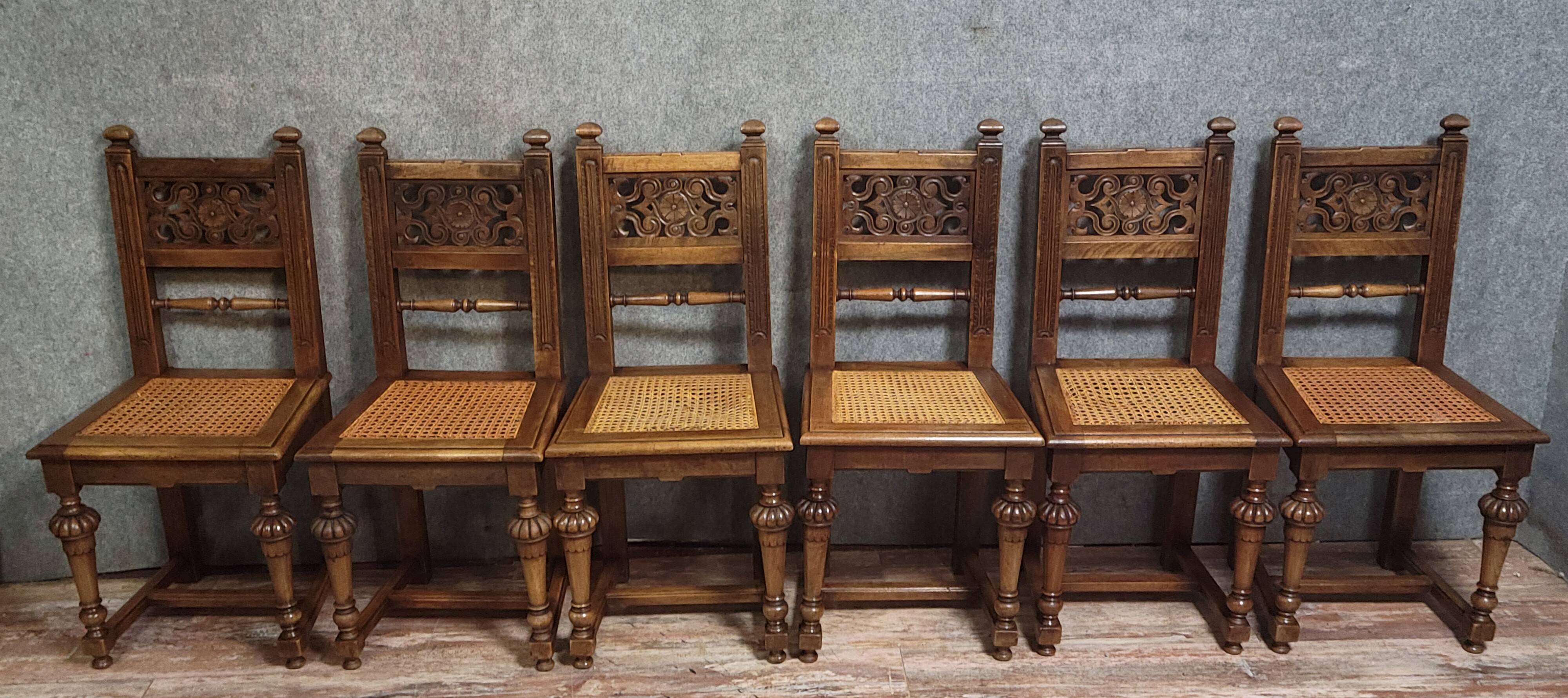 Set of six Renaissance-style chairs in solid wood