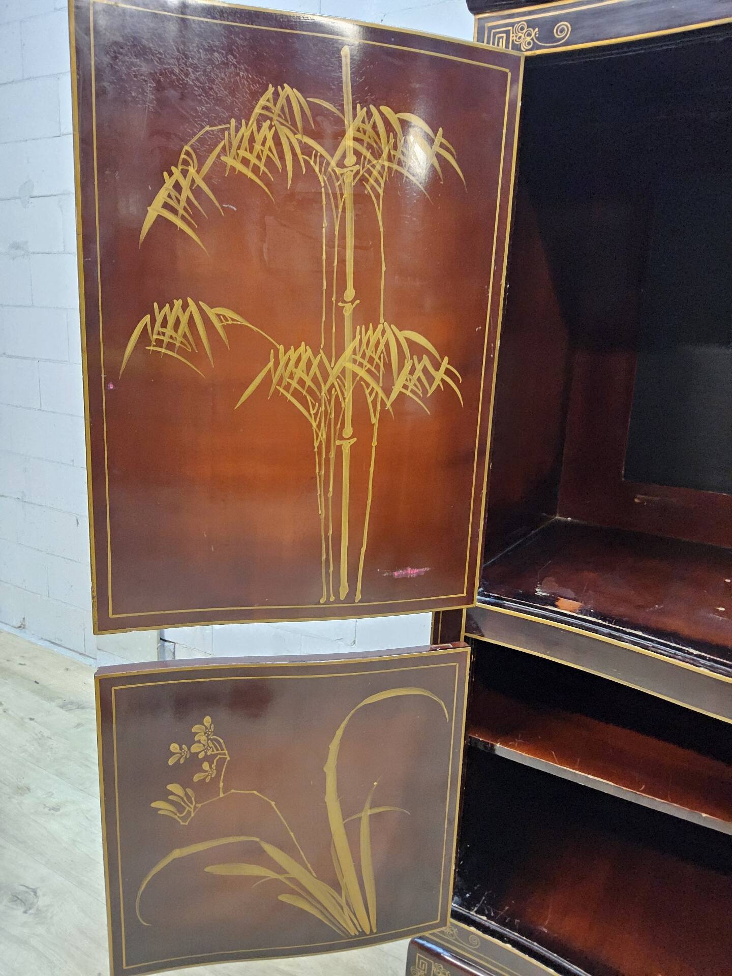 Vintage Chinese red and gold cabinet with flowers and birds (lacquer cabinet)