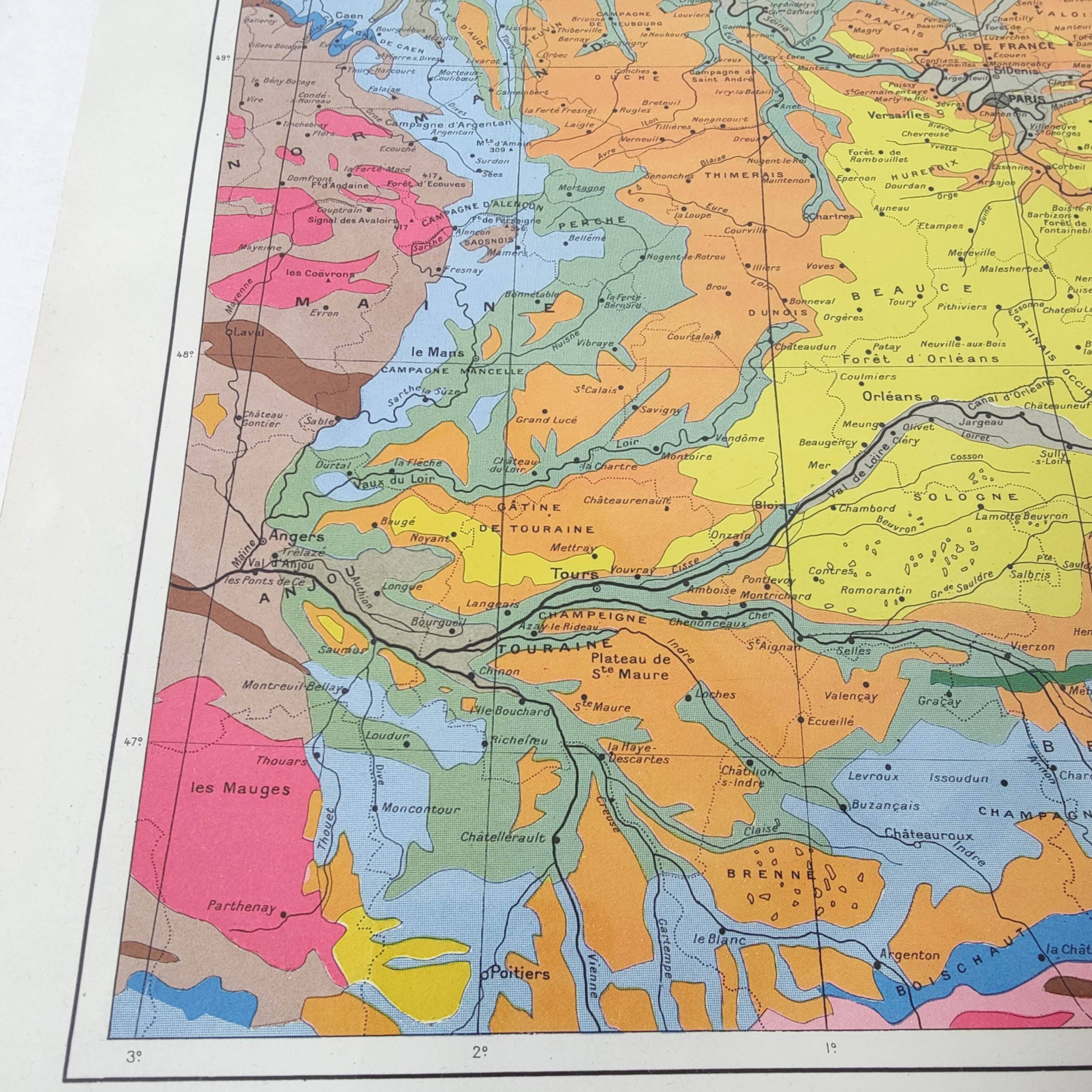 Old map of France Paris basin 43x43cm from 1950