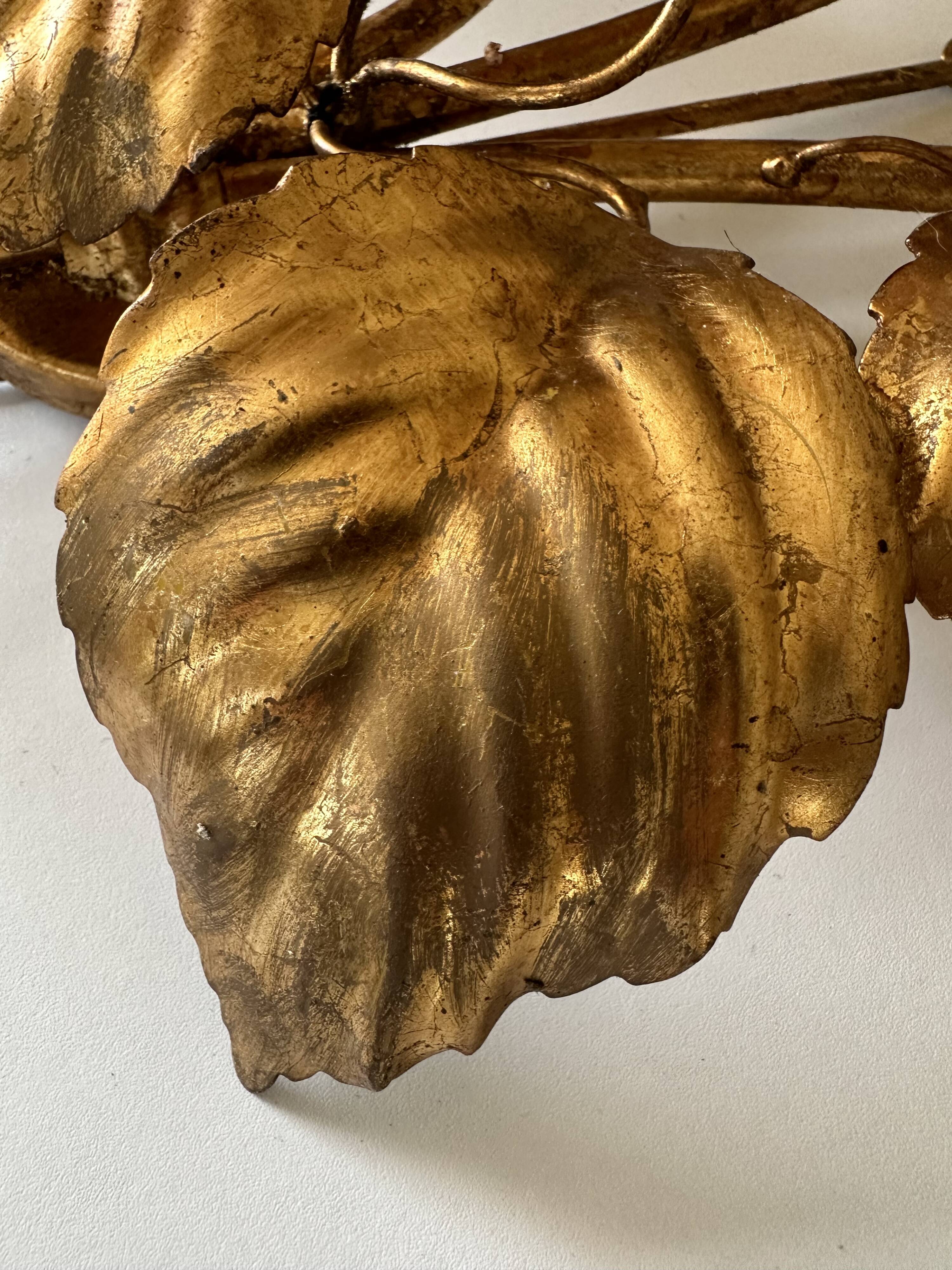 Large golden leaf wall lamp vintage design 70s