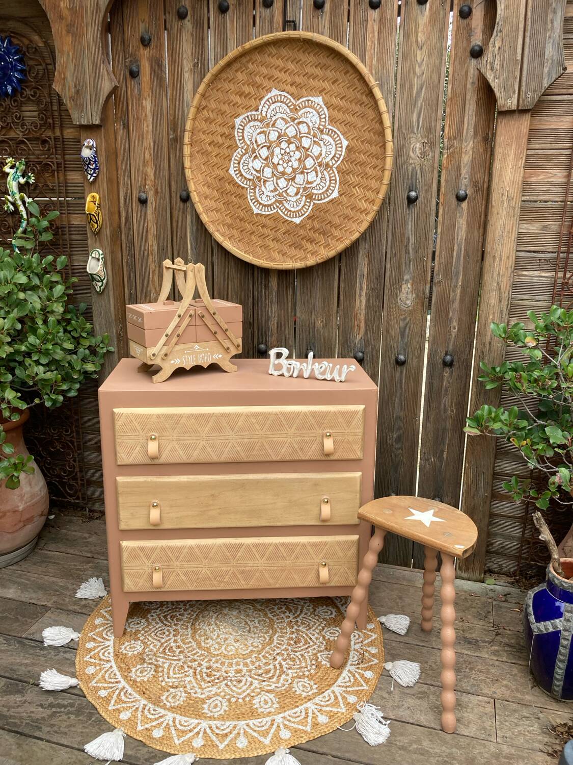 Beautifully restyled compact ethnic bohemian chest of drawers.