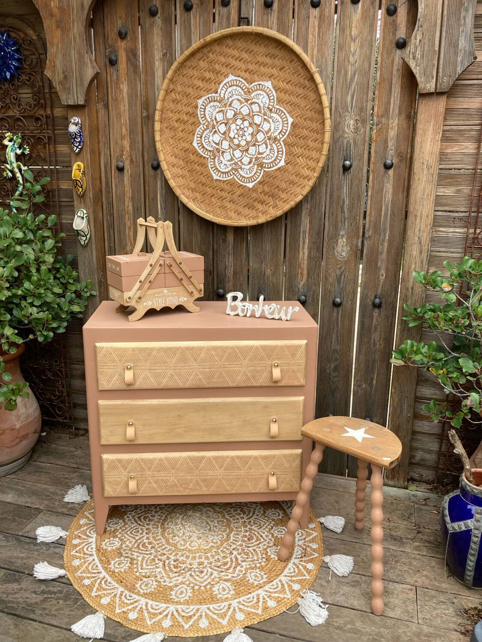 Beautifully restyled compact ethnic bohemian chest of drawers.