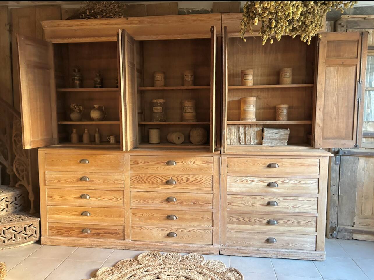 Old workshop furniture, 2 bodies with drawers and a cupboard.