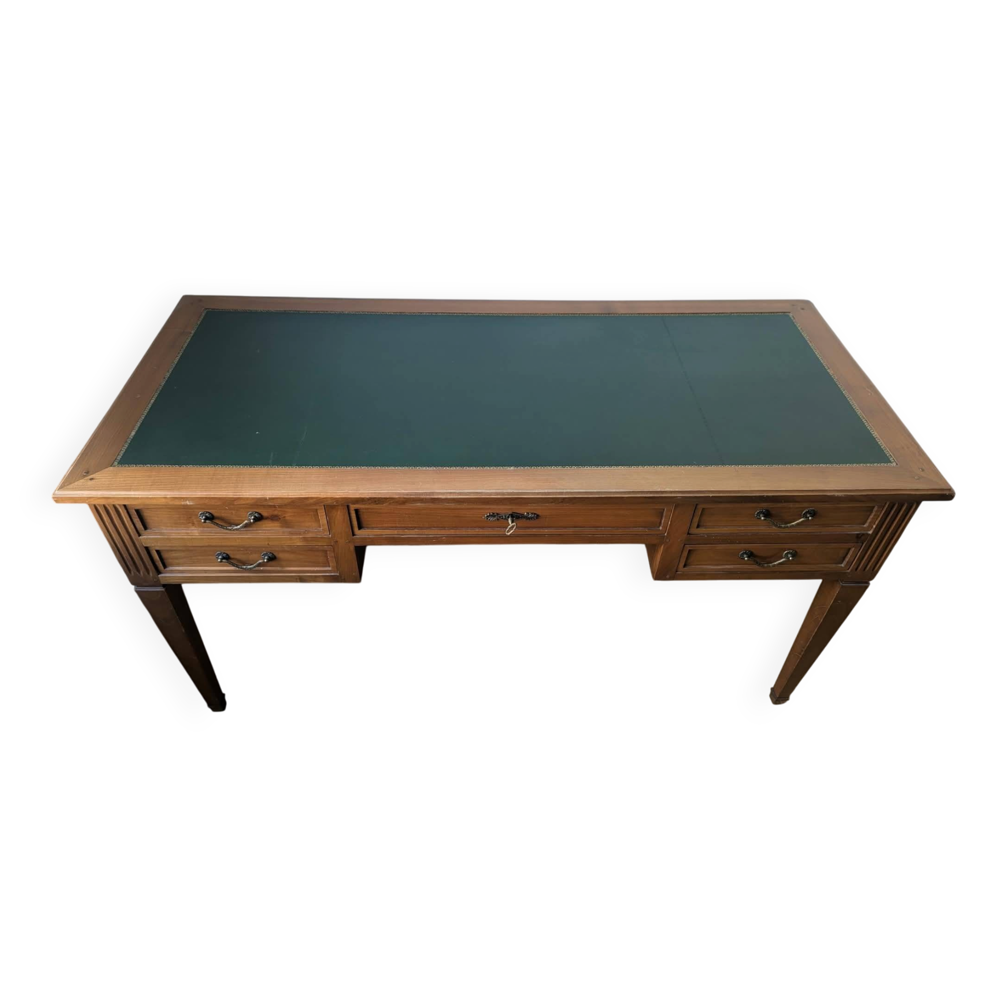 Louis XVI style flat desk in cherry wood, green leather top - French work