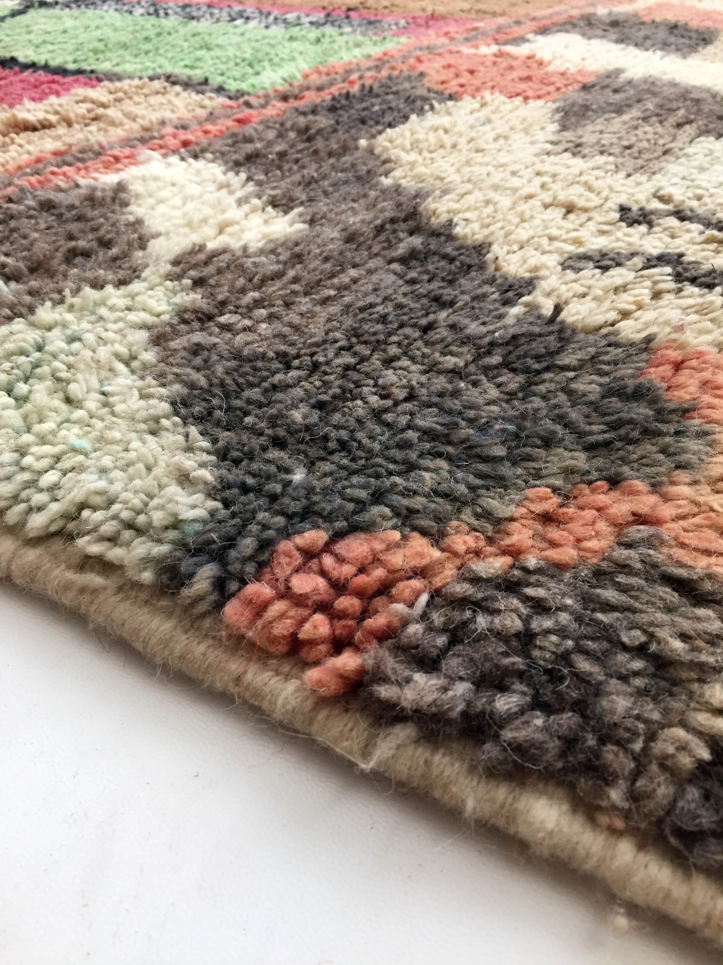 Moroccan Berber boujaad ecru carpet with colorful patterns 303x197cm