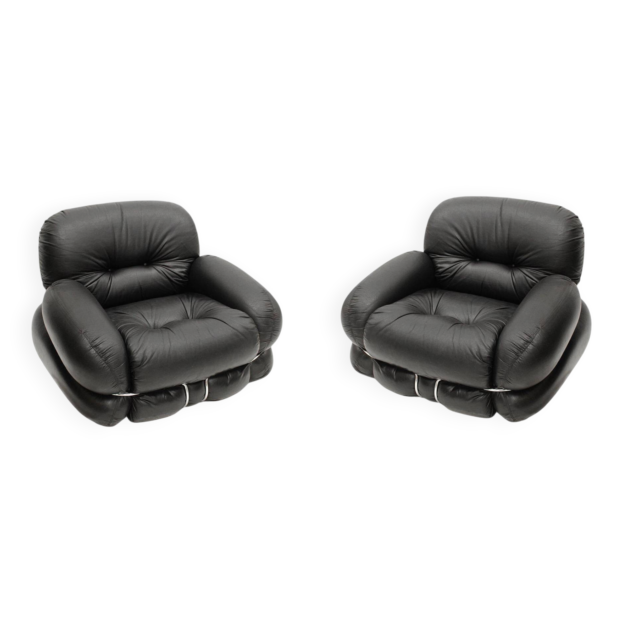 Italian Pair Of Okay Armchairs by Adriano Piazzesi with Black Leather and Steel