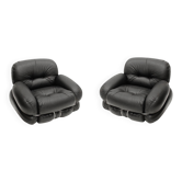 Italian Pair Of Okay Armchairs by Adriano Piazzesi with Black Leather and Steel
