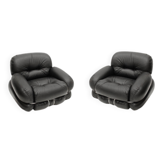 Italian Pair Of Okay Armchairs by Adriano Piazzesi with Black Leather and Steel