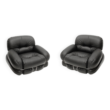 Italian Pair Of Okay Armchairs by Adriano Piazzesi with Black Leather and Steel